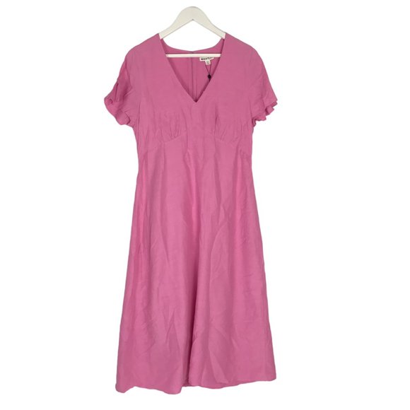 Whistles Linen Mix Midi Dress Pink Size 16 Frill Sleeves Empire Waist - Picture 5 of 14